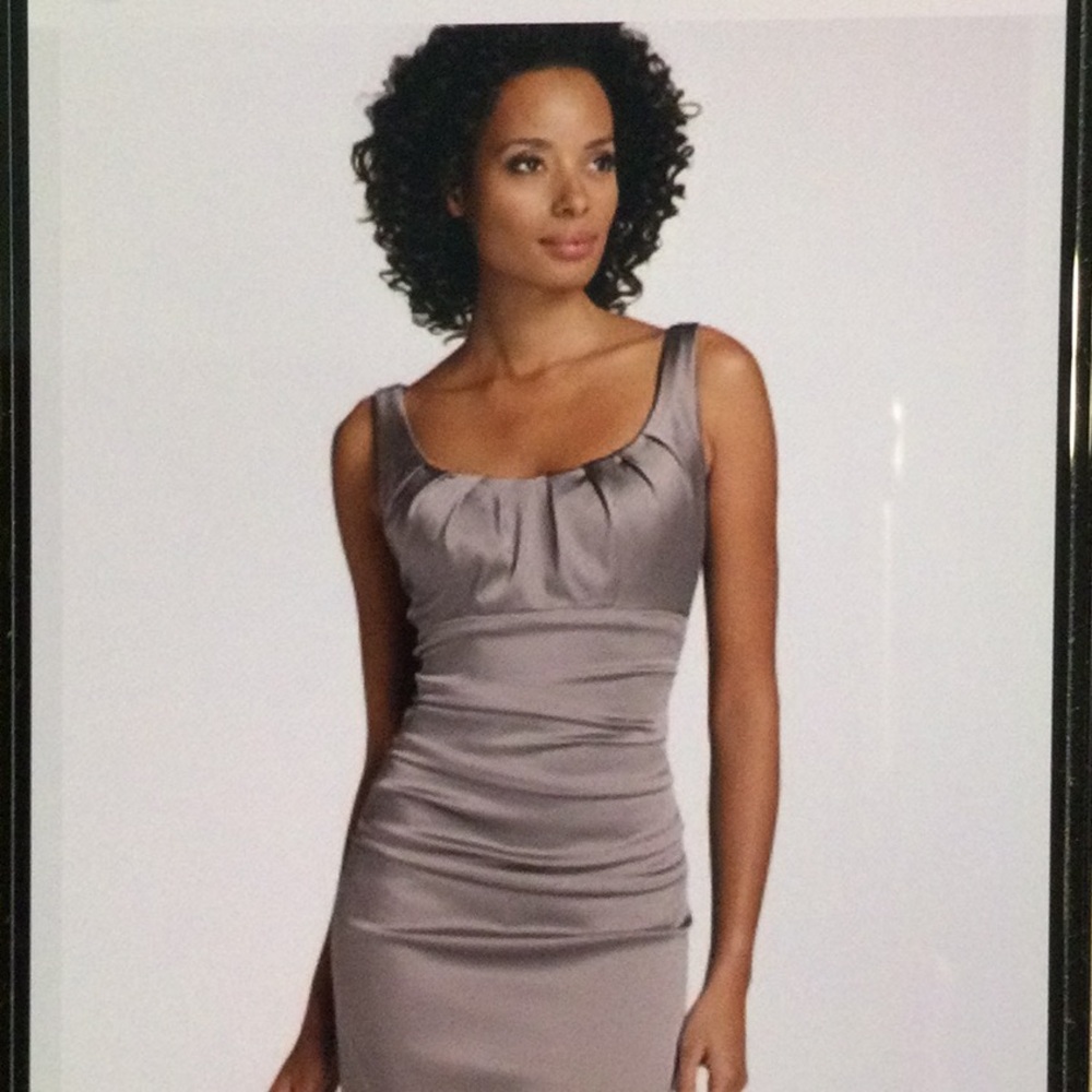 Suzi Chin For Maggy Boutique Sleeveless Pleated Satin Sheath Dress in Taupe 10